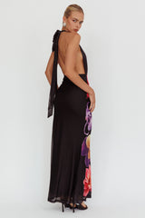 Italia Azure Halterneck Maxi Dress Flowers Black