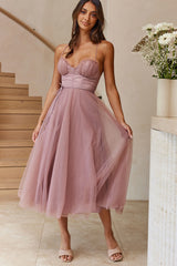 Smitten Sweetheart Neckline Chiffon Midi Dress Rose