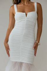 Nadia Tulle Hem Ruched Maxi Dress White