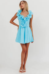 Nivaya Ruffle Neckline Mini Dress Ocean