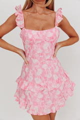 Moonlit Moment Ruffle Trim Lace-Up Back Dress Flowers Pink