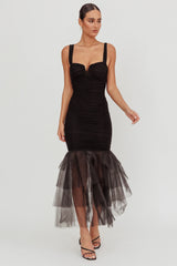 Nadia Tulle Hem Ruched Maxi Dress Black