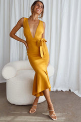 Sorry Not Sorry Wide Strap Flounce Dress Mustard