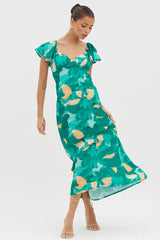 Park Avenue Flutter Sleeve Midi Dress Abstract Green