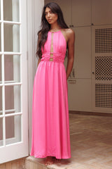 Cyndi Open Back Halterneck Maxi Dress Hot Pink