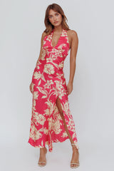 Brighter Days Halterneck Split Midi Dress Fuchsia