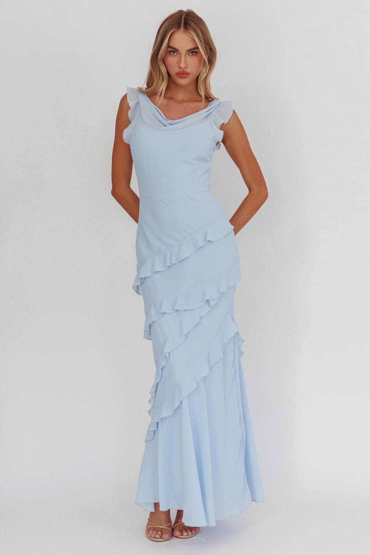 Sangria Cowl Neck Frill Maxi Dress Blue