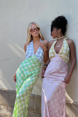 Lavara Halterneck Maxi Dress Checker Green