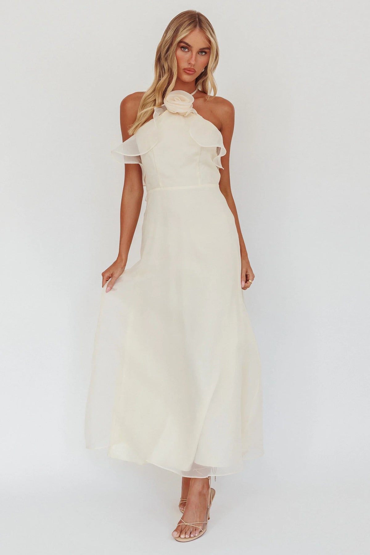 Cordially Invited Ruffle Neckline Rosette Maxi Vanilla