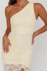 Lingering Love One-Shoulder Split Midi Dress Lace Yellow