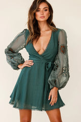 Dali Embroidered Chiffon Balloon Sleeve Dress Green