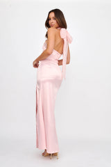 Andria Halterneck Bow Satin Maxi Dress Blush
