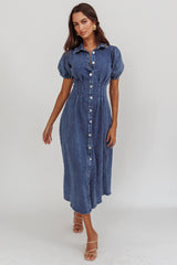 Zurich Pleated Waist Midi Dress Denim Dark Blue