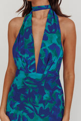 Italia Azure Halterneck Maxi Dress Abstract Blue