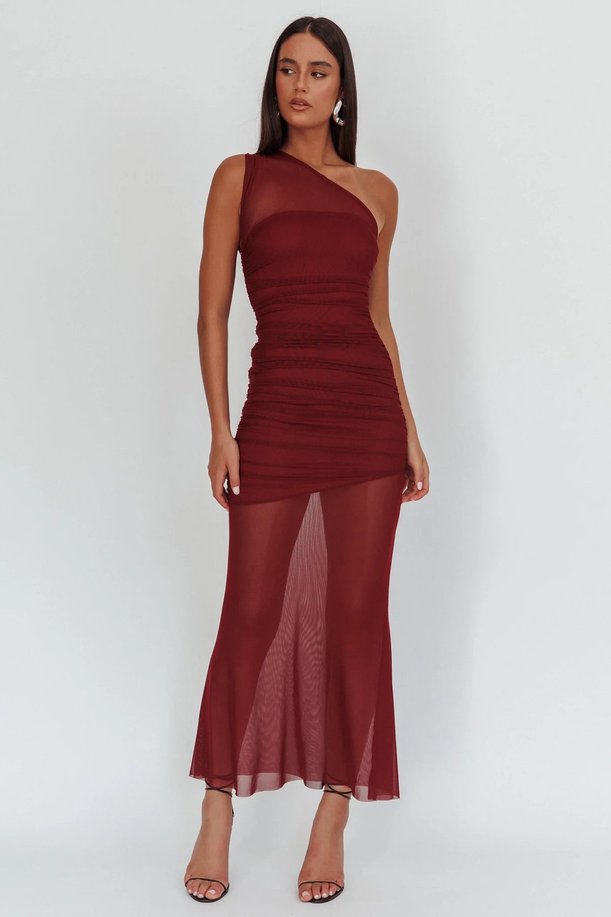 Verity One-Shoulder Sheer Maxi Dress Wine