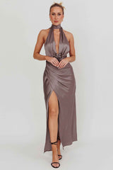 Italia Azure Halterneck Rosette Maxi Dress Grey