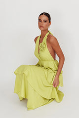 Kimberley Halter Neck Ruffle Maxi Dress Matcha