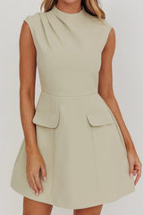 Thandi Pleat Shoulder Faux Pocket Mini Dress Sage