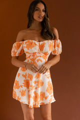 Linka Puff Sleeve Waist Tie Dress Floral Orange