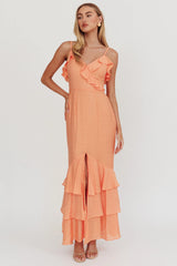 Silvana Frill Trim Split Maxi Dress Orange