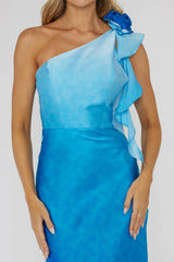 Mariyan One Shoulder Rose Maxi Dress Blue