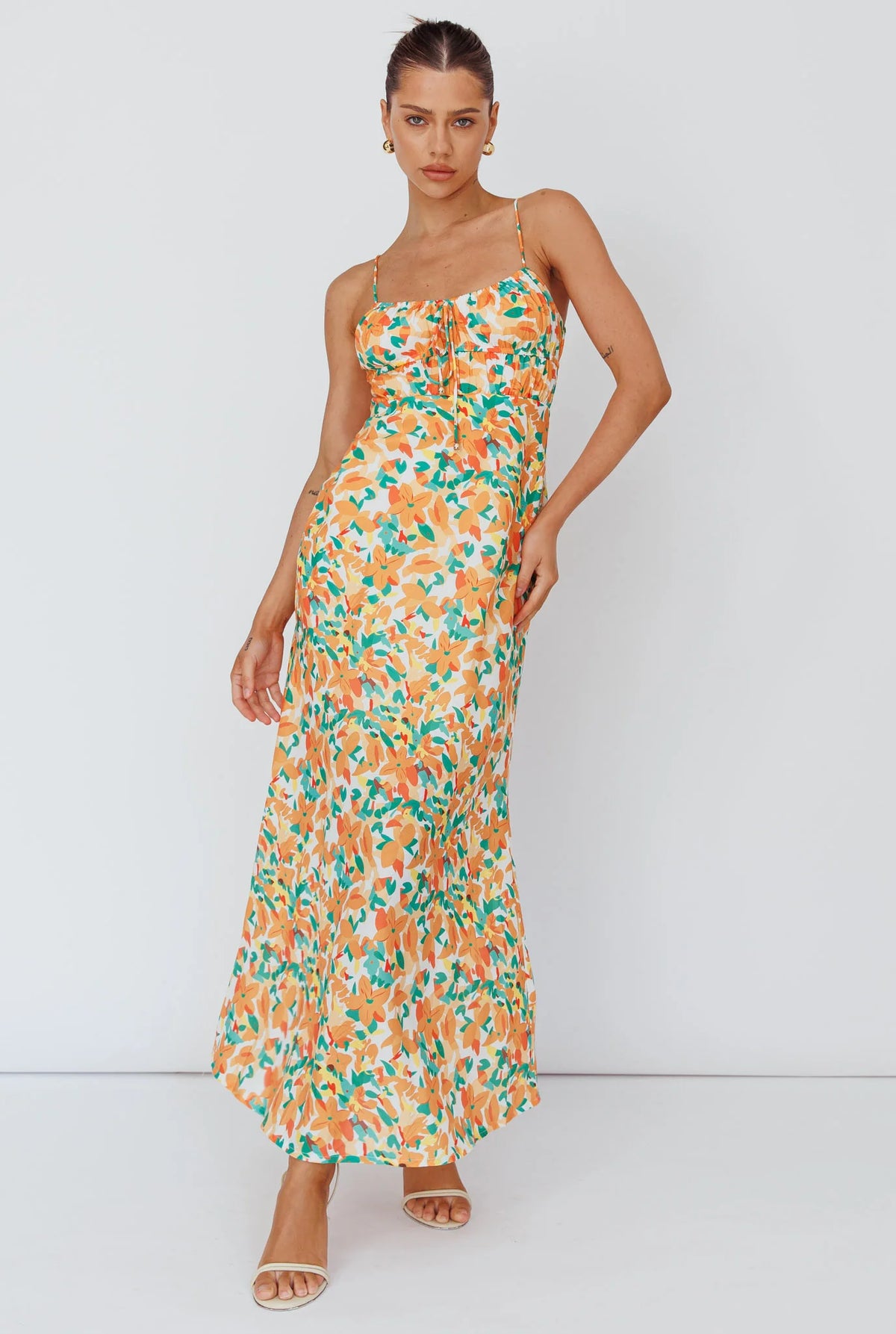 Solstice Noon Tied Bust Midi Dress Print Orange