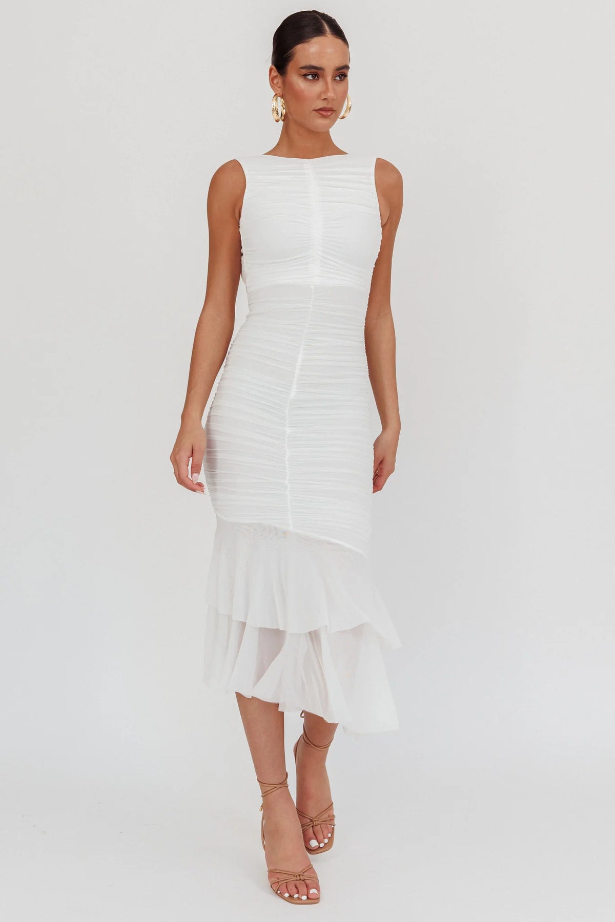 Nadia Sleeveless Ruched Midi Dress White