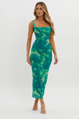Dream Crush Lace-Up Back Side Split Maxi Dress Swirl Green