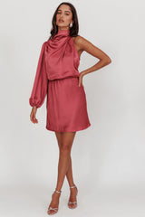 Can't Compete One Sleeve Satin Mini Dress Dusty Pink