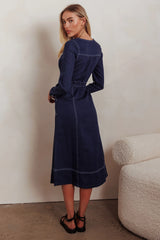 Aspen Love Front Pocket Long Sleeve Midi Dress Indigo