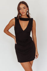 Saved Draped Neck Mini Dress Black