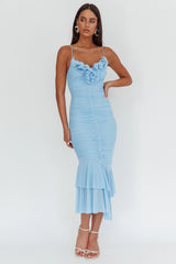 Nadia Ruffle Neckline Ruched Midi Dress Blue