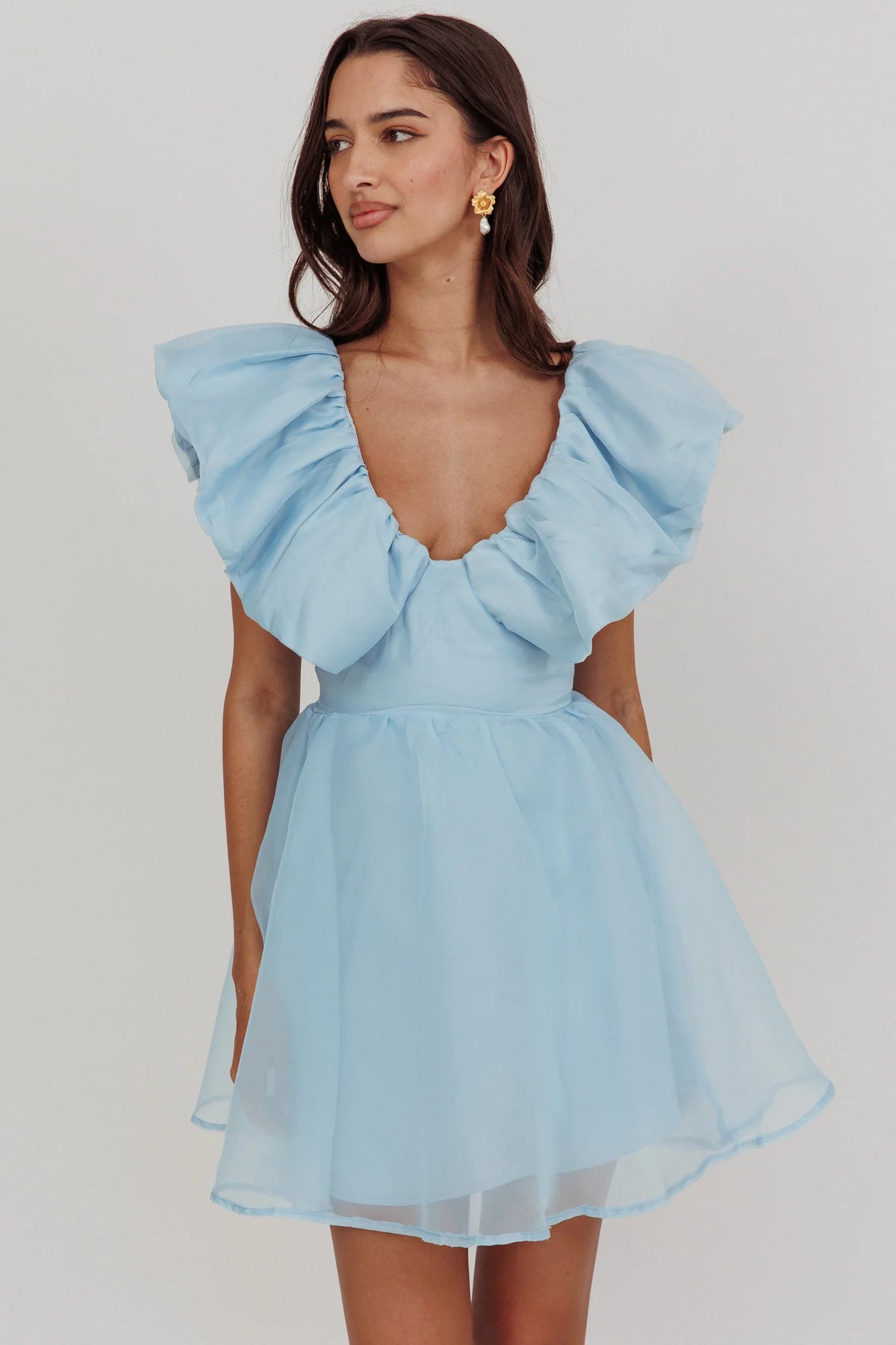 Kahlo Ruffle Neckline Mini Dress Blue