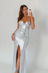 Starry Eyes Lace-Up Back Sequin Maxi Dress Silver