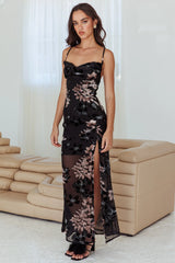 Personal Invitation Split Maxi Dress Flowers Black