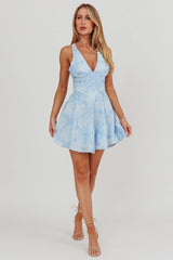 Lavalle Criss-Cross Floral Embellished Mini Dress Blue