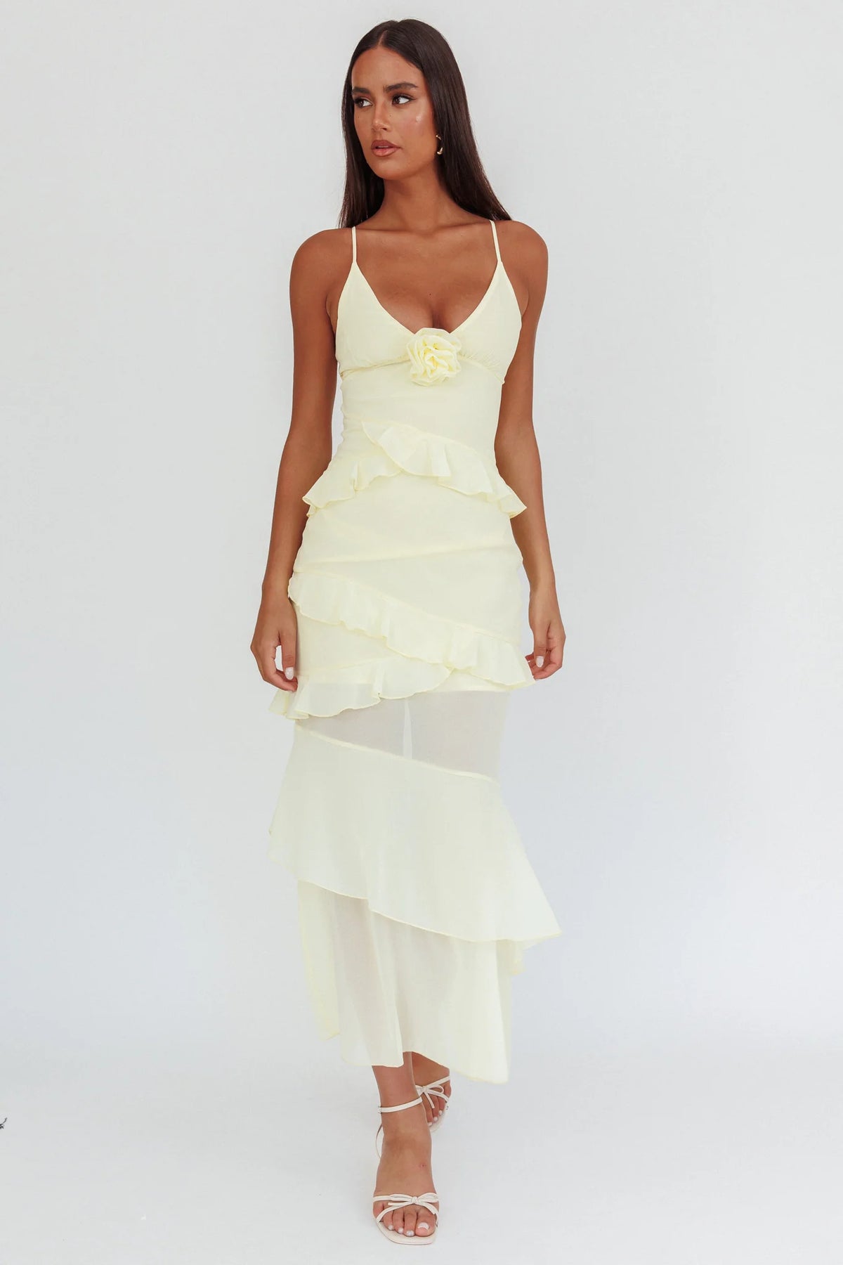 Marlie Frill Trim Rosette Maxi Dress Butter