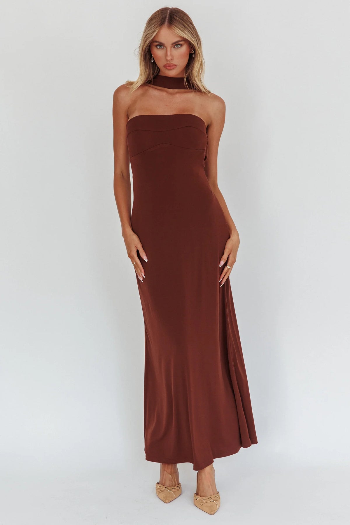 Damsel Reverse Halter Maxi Dress Chocolate