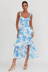 Veda Ruffle Strap Split Maxi Dress Floral White/Blue
