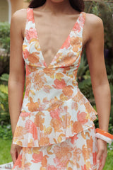 Veda Strappy Back Ruffle Mini Dress Floral Orange