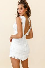 So Obvious Lace Overlay Deep V-Neckline Dress White