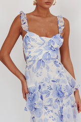 Veda Strappy Back Ruffle Maxi Dress Flowers Blue