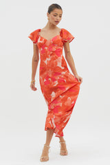 Park Avenue Flutter Sleeve Midi Dress Abstract Orange